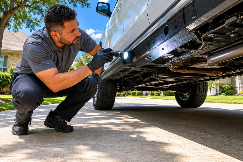 Mobile pre purchase inspection in Houston - inspector checking undercarriage of used SUV before purchase