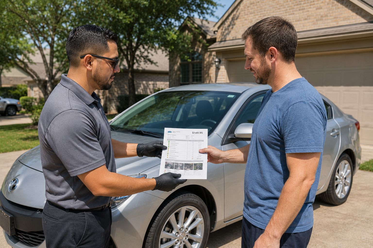 Pre purchase inspection cost Houston - inspector delivering written report to used car buyer