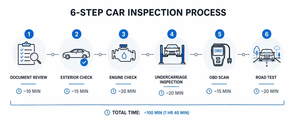 Pre purchase inspection timeline breakdown Houston - 6 phases from documentation to road test