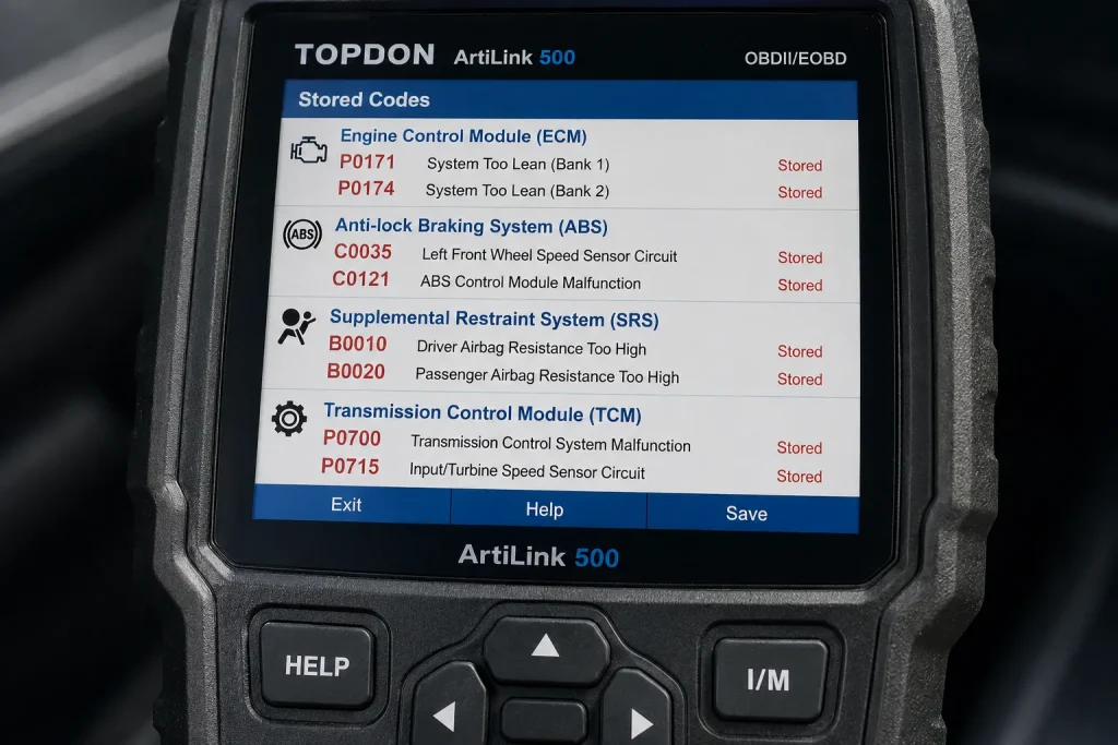 OBD-II full module scan during Houston pre purchase inspection - stored fault codes across ABS SRS and TCM