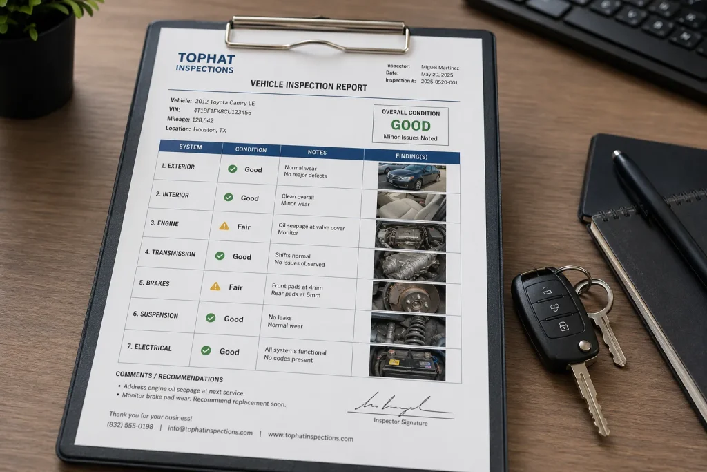 Pre purchase inspection written report Houston - 7-system breakdown with condition ratings and finding photos