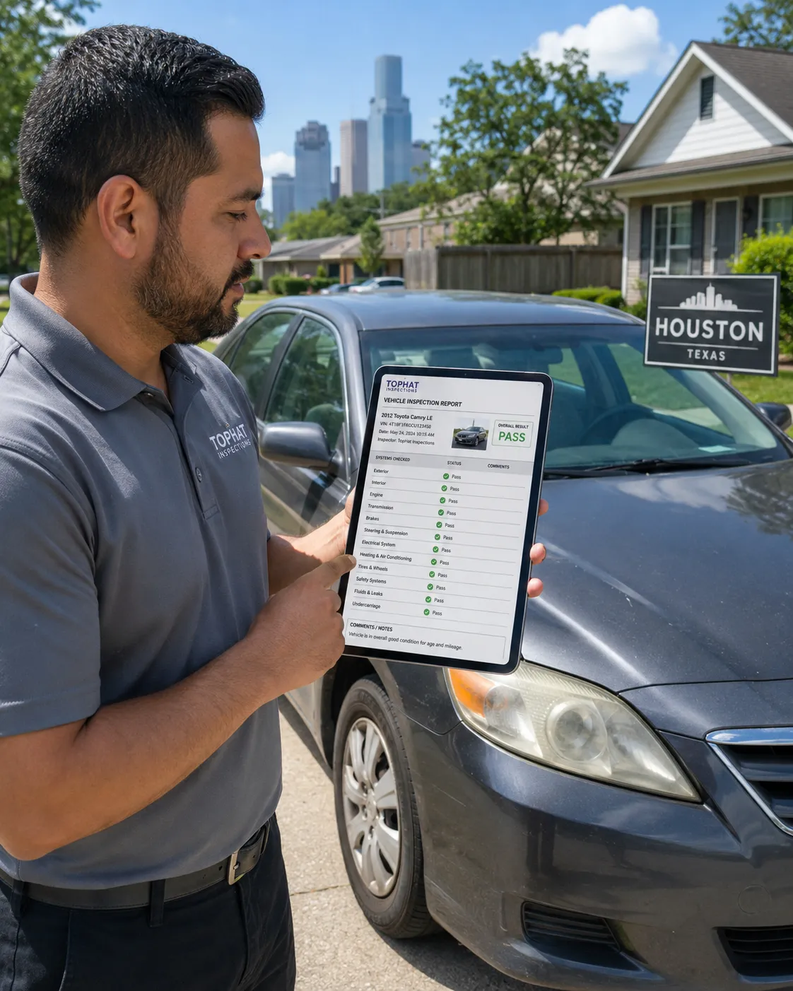 Pre purchase inspection report Houston - inspector reviewing 7-system checklist results on tablet with buyer