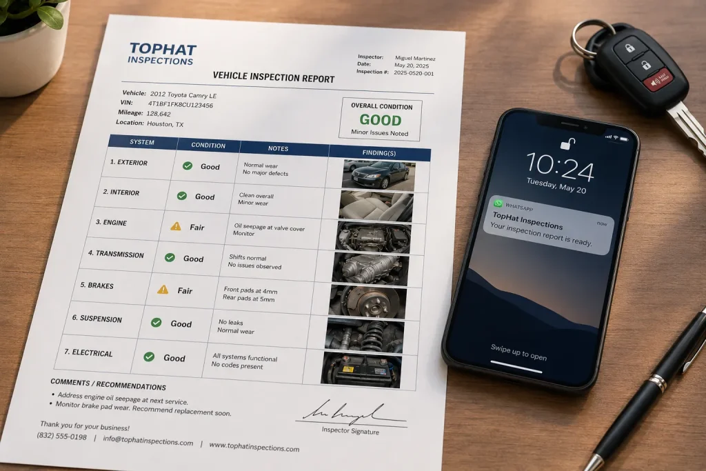 Same-day pre purchase inspection report delivered by email to Houston buyer - same day turnaround