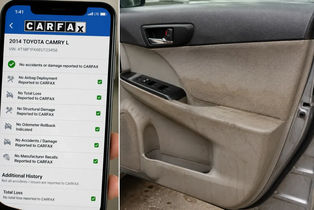 Clean CarFax flood car Houston - history report shows no damage but physical signs are present